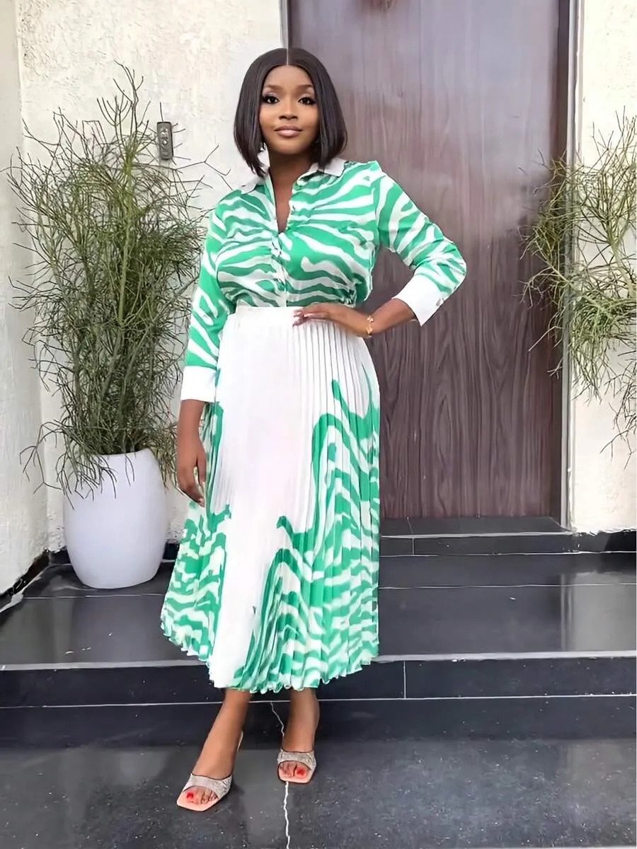 Green Swirl Pleated Skirt Set, BIV-002