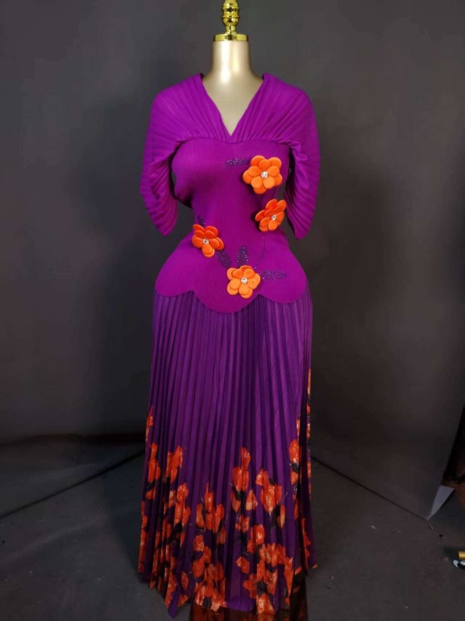 Purple Floral Pleated Skirt Set, BIV-004