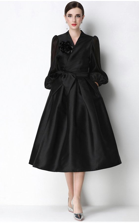 Black Tie-Waist Midi Dress, BIV-006