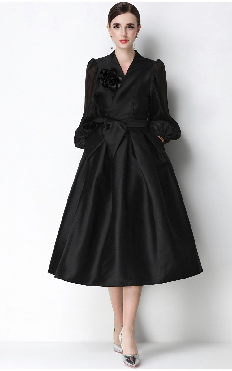 Black Tie-Waist Midi Dress, BIV-006