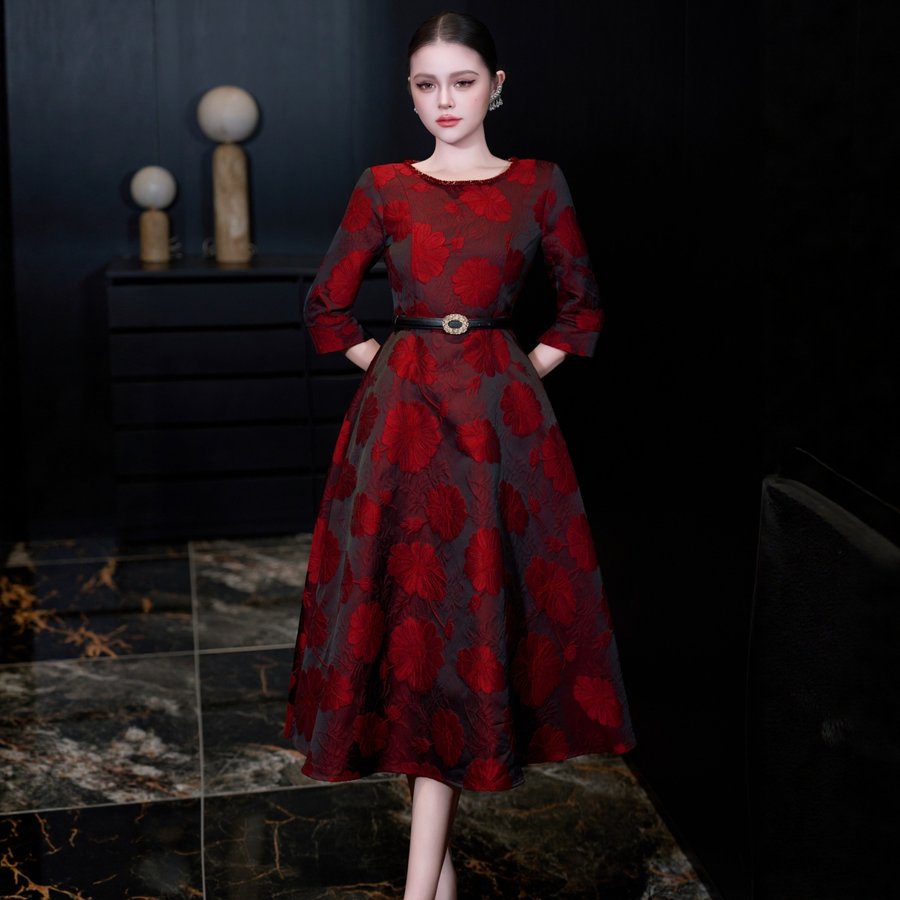 Burgundy Floral Long Dress, BIV-009
