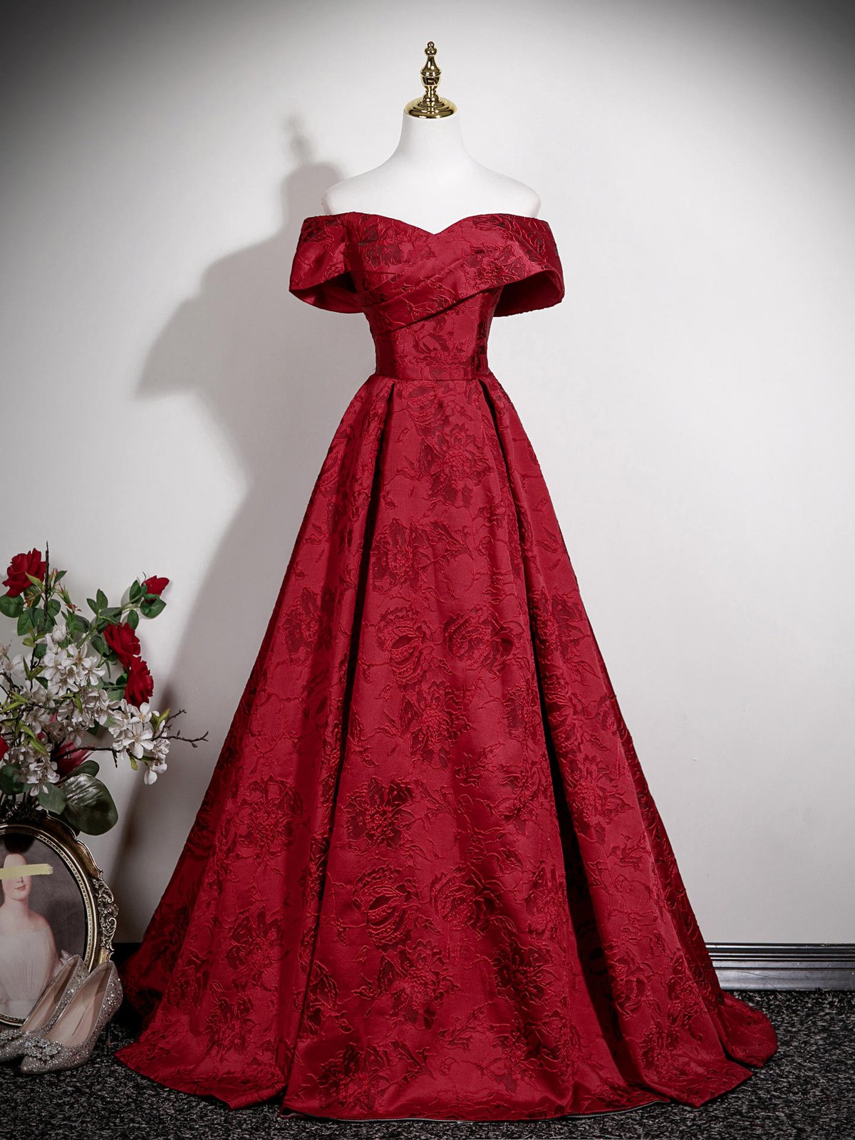 Red Off-Shoulder Occasion Gown, BIV-010