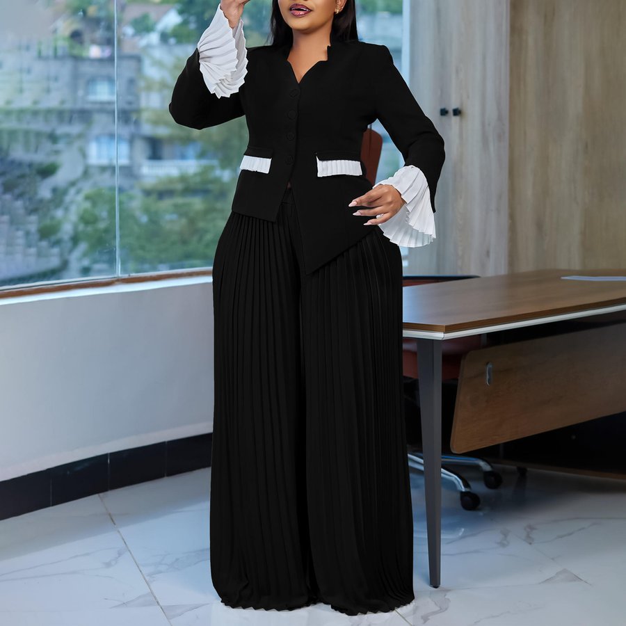 Black Pleated Wide-Leg Pants Set, BIV-012