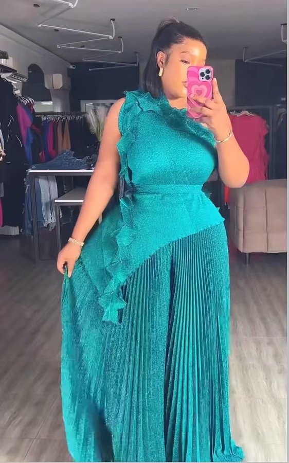 Turquoise Draped Pleated Pants Set, BIV-013