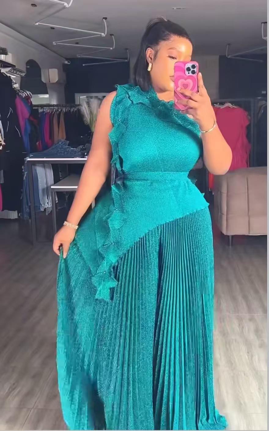 Turquoise Draped Pleated Pants Set, BIV-013