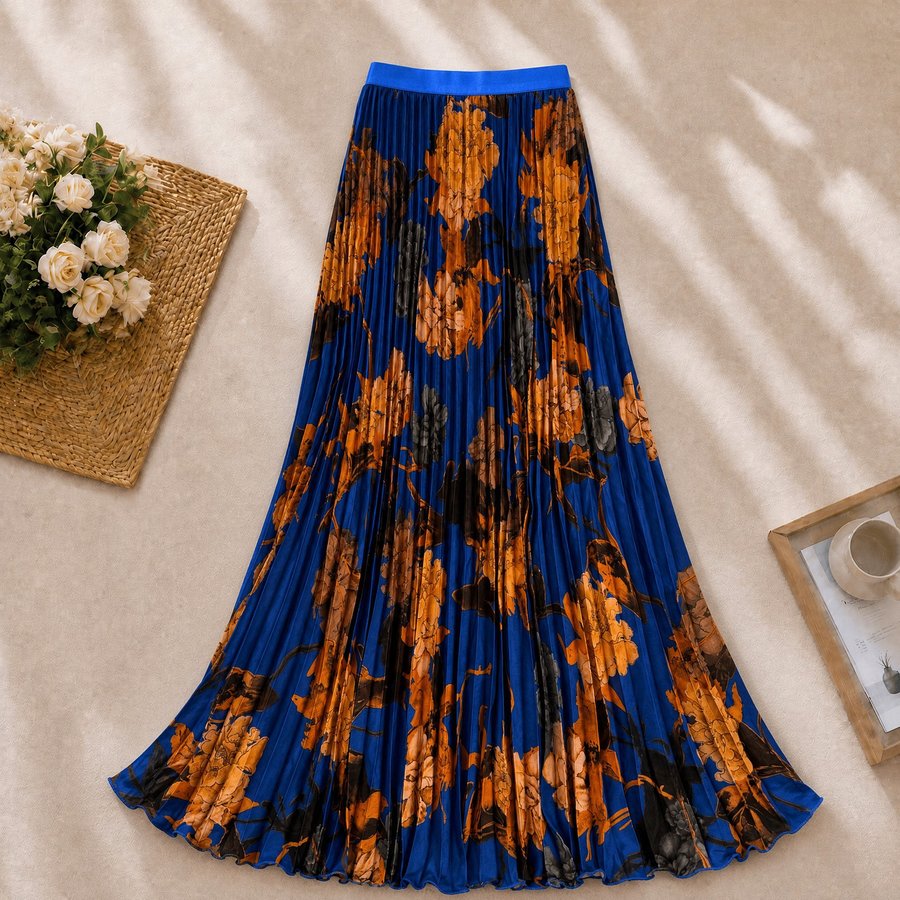 Indigo Print Pleated Maxi Skirt, BIV-015